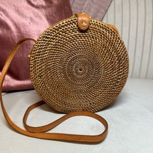 Round Rattan Crossbody Bag in Tan